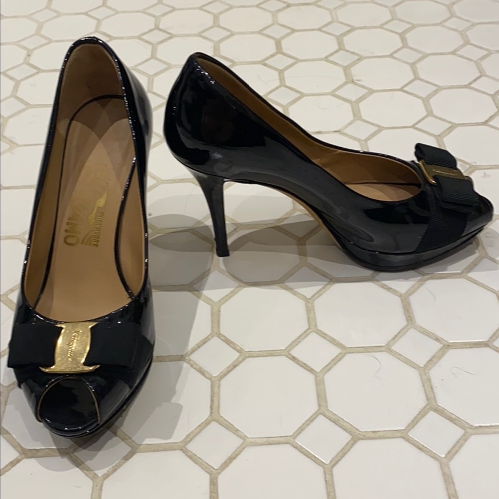 Ferragamo patent peep toe platform heels